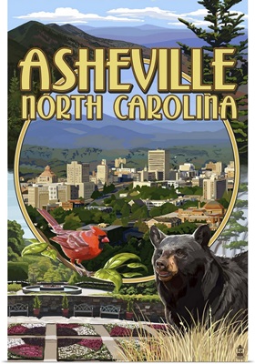 Asheville, North Carolina - Montage Scenes: Retro Travel Poster
