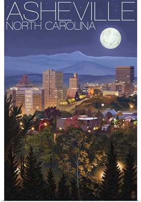 Asheville, North Carolina - Skyline at Night: Retro Travel Poster