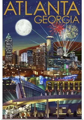 Atlanta, Georgia - Skyline at Night: Retro Travel Poster