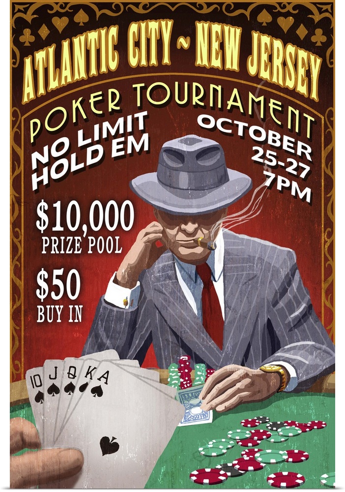 Atlantic City, New Jersey - Poker Tournament Vintage Sign: Retro Travel Poster