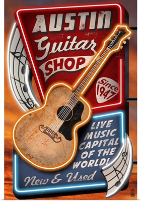 Austin, Texas - Guitar Shop Vintage Sign: Retro Travel Poster