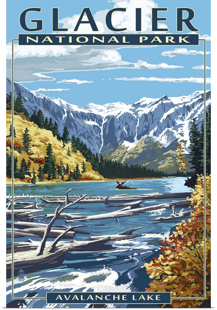 Retro inspired artwork of snow covered mountains, a bull moose swimming through a river, and a log jam in the foreground o...