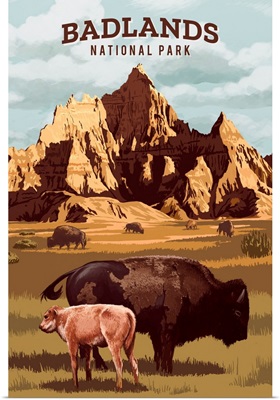 Badlands National Park, Bison And Calf: Retro Travel Poster