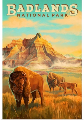 Badlands National Park, Bison Grazing: Retro Travel Poster