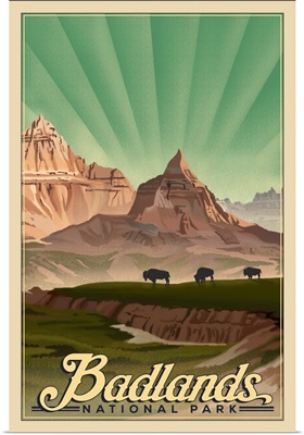 Badlands National Park, Bison Silhouettes And Mountains: Retro Travel Poster
