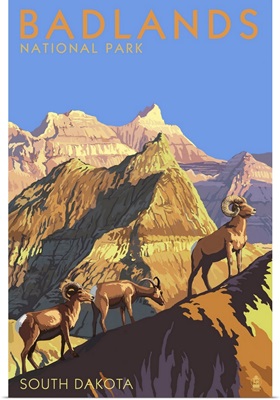 Badlands National Park, South Dakota - Bighorn Sheep: Retro Travel Poster
