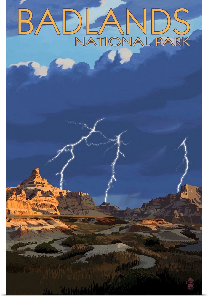 Badlands National Park, South Dakota - Lightning Storm: Retro Travel Poster