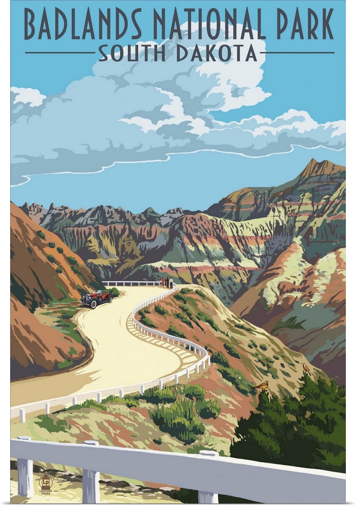 Badlands National Park, South Dakota - Road Scene: Retro Travel Poster