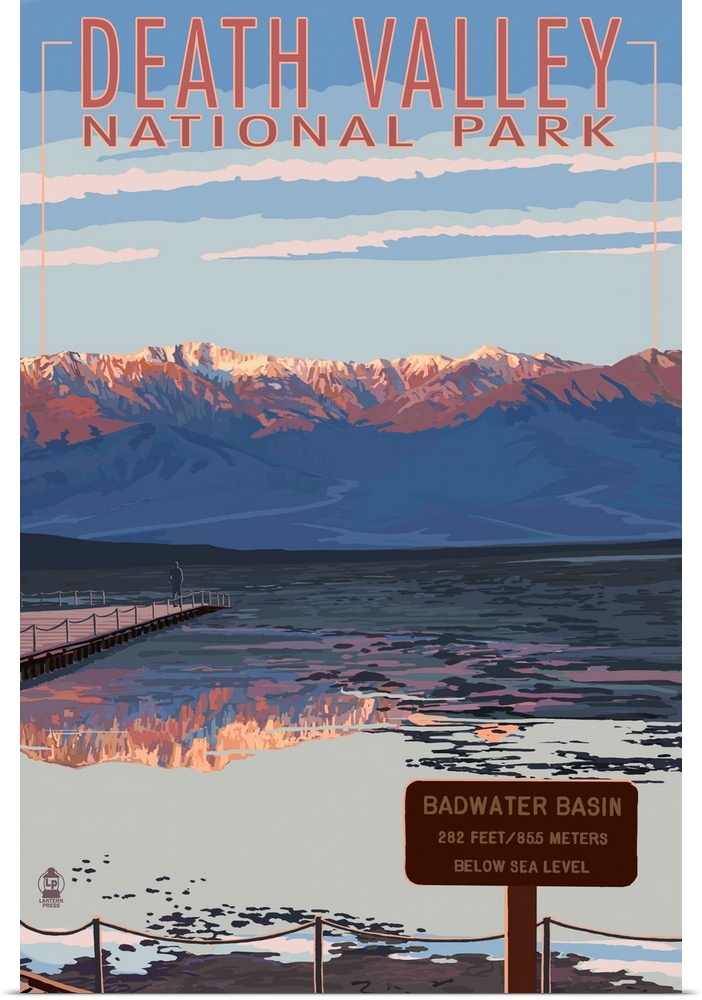 Retro stylized art poster of mountain range being reflected in a lake.