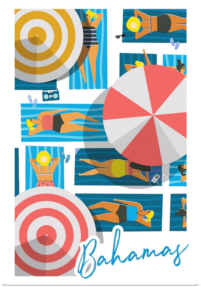 Bahamas - Aerial Beach Scene - Loungers & Umbrellas