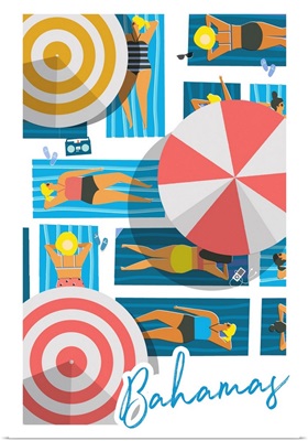 Bahamas - Aerial Beach Scene - Loungers & Umbrellas