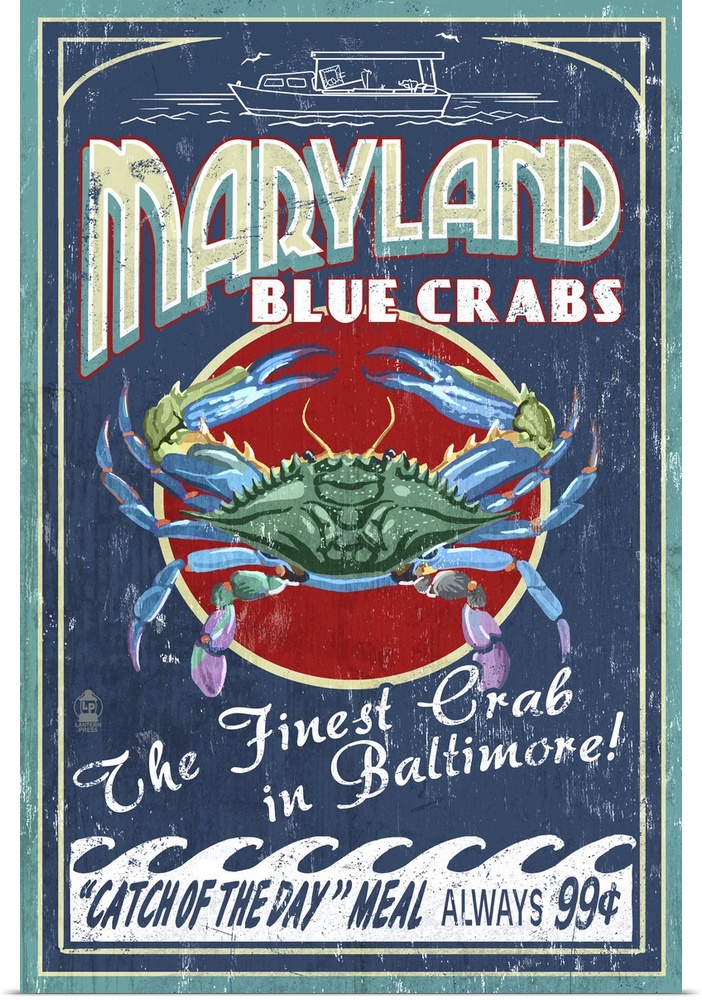 Retro stylized art poster of seafood market sign displaying blue crab.