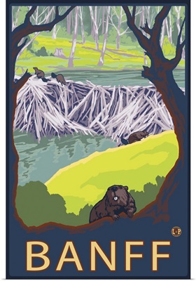 Banff, Canada - Beaver Family: Retro Travel Poster