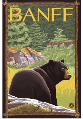 Banff, Canada - Black Bear in Forest: Retro Travel Poster