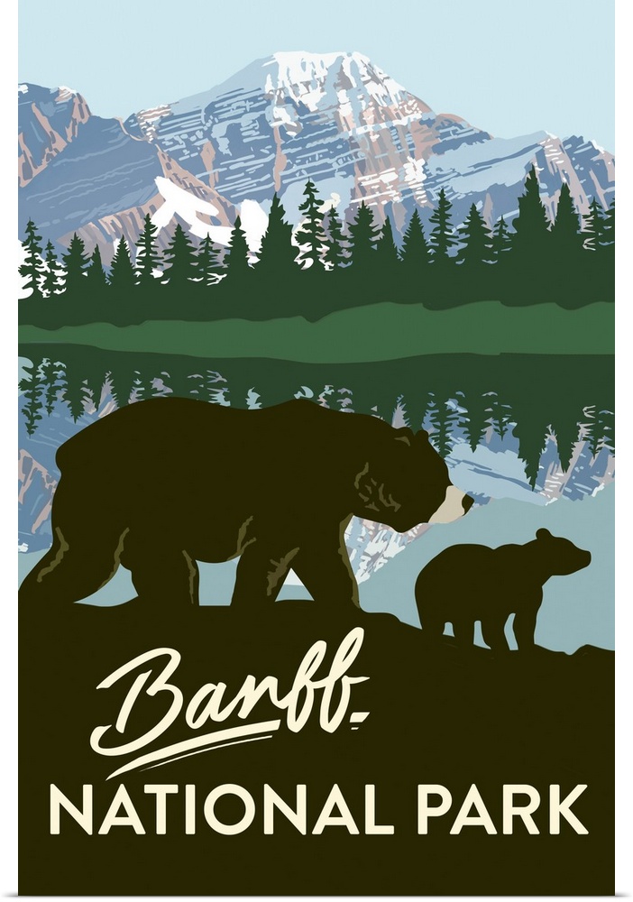 Banff National Park, Bear And Cub: Graphic Travel Poster