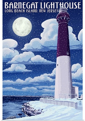 Barnegat Lighthouse - Snow Scene - New Jersey Shore: Retro Travel Poster