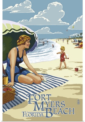 Beach Scene - Fort Myers Beach,  Florida: Retro Travel Poster