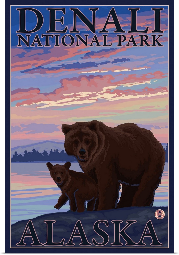 Bear and Cub - Denali National Park, Alaska: Retro Travel Poster