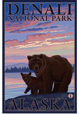 Bear and Cub - Denali National Park, Alaska: Retro Travel Poster