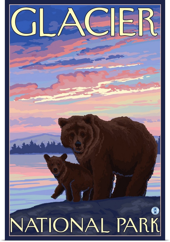 Bear and Cub - Glacier National Park, Montana: Retro Travel Poster
