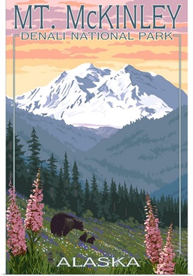 Bear and Cubs Spring Flowers - Mt. McKinley - Denali, Alaska -  : Retro Travel Poster