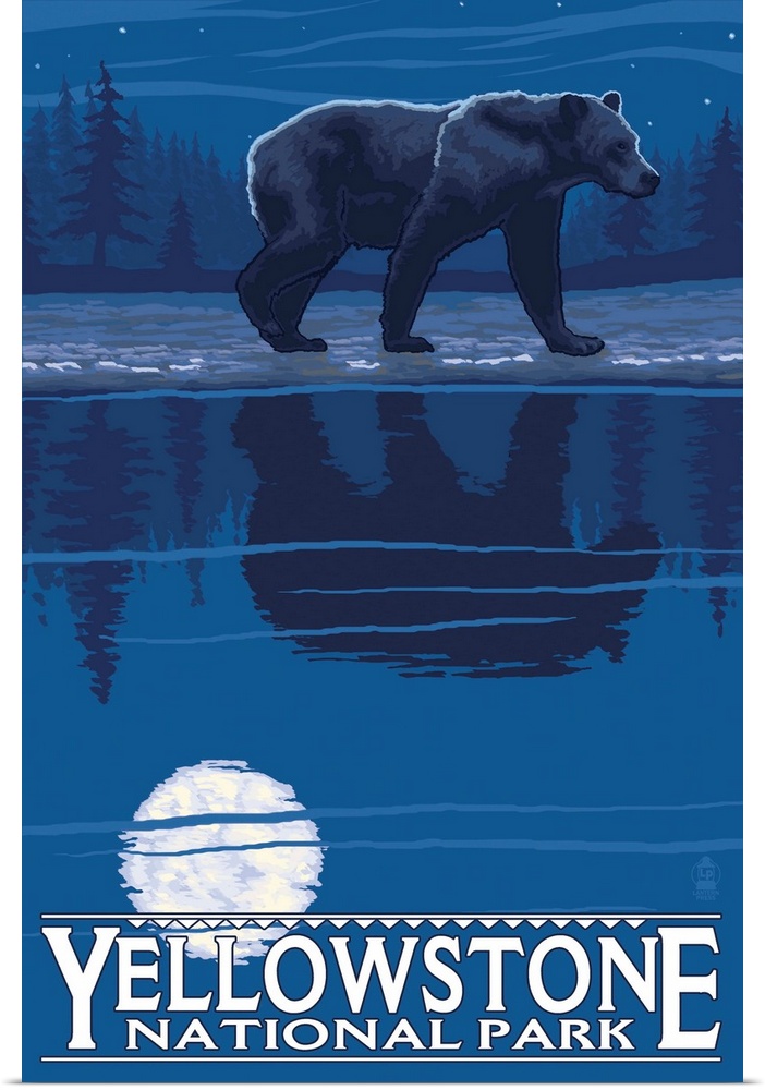 Bear in Moonlight - Yellowstone National Park: Retro Travel Poster
