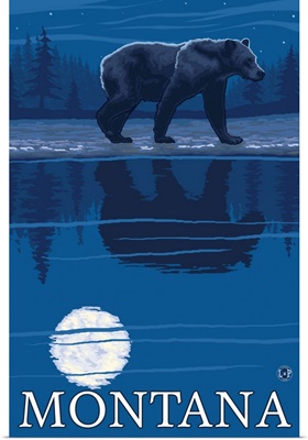 Bear with Moonlight - Montana: Retro Travel Poster
