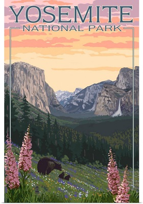 Bears and Spring Flowers - Yosemite National Park, California: Retro Travel Poster