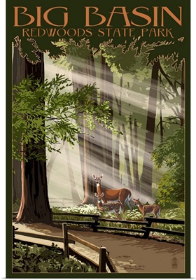 Big Basin Redwoods State Park - Deer and Fawns: Retro Travel Poster