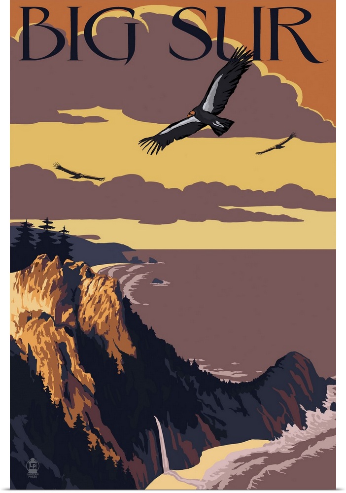 Retro stylized art poster of a beach cliff landscape scene at sunset where vultures circle overhead.