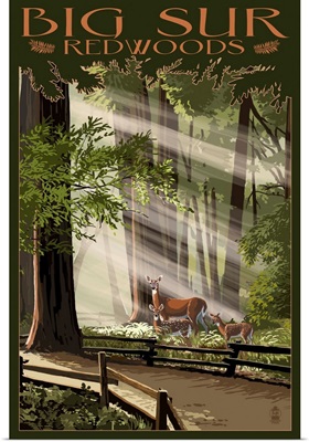 Big Sur, California - Deer and Fawns: Retro Travel Poster