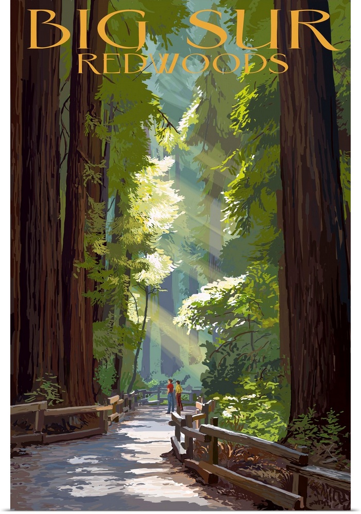 Retro stylized art poster of a pathway through giant redwood trees.