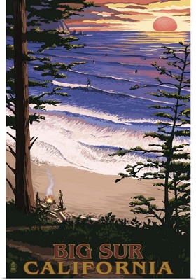 Big Sur, California Surfing and Sunset: Retro Travel Poster