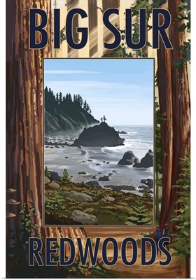 Big Sur, California - Trees and Ocean Scene: Retro Travel Poster