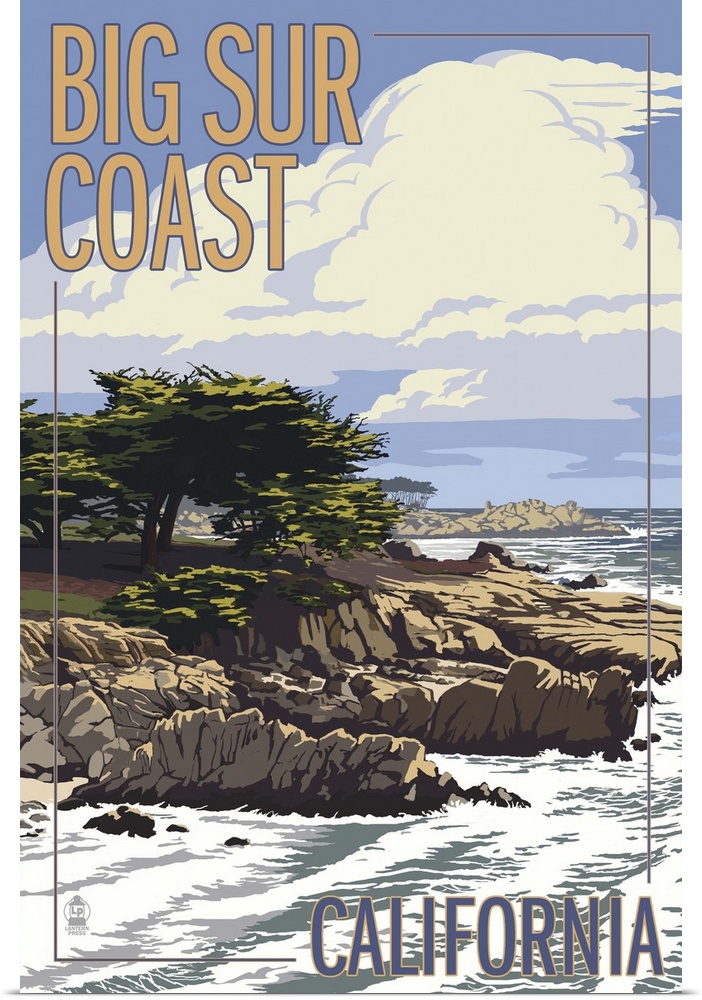 Big Sur Coast, California - View of Cypress Trees: Retro Travel Poster