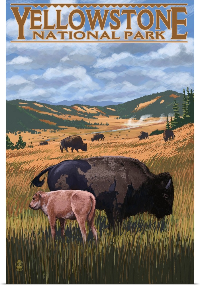 Bison and Calf Grazing - Yellowstone National Park: Retro Travel Poster