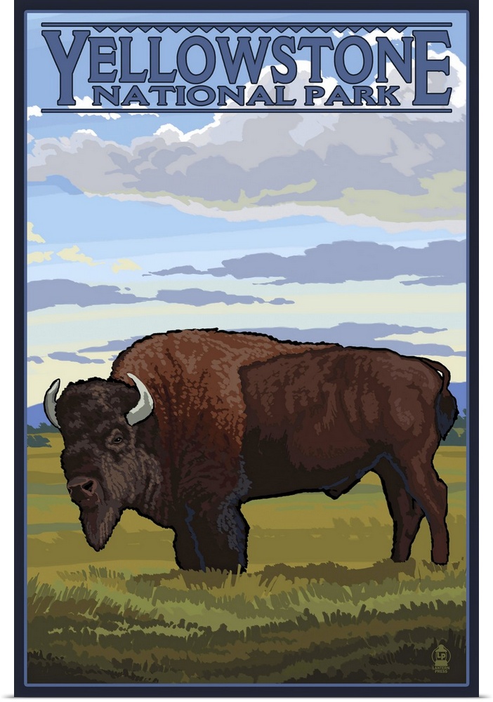 Bison Scene - Yellowstone National Park: Retro Travel Poster