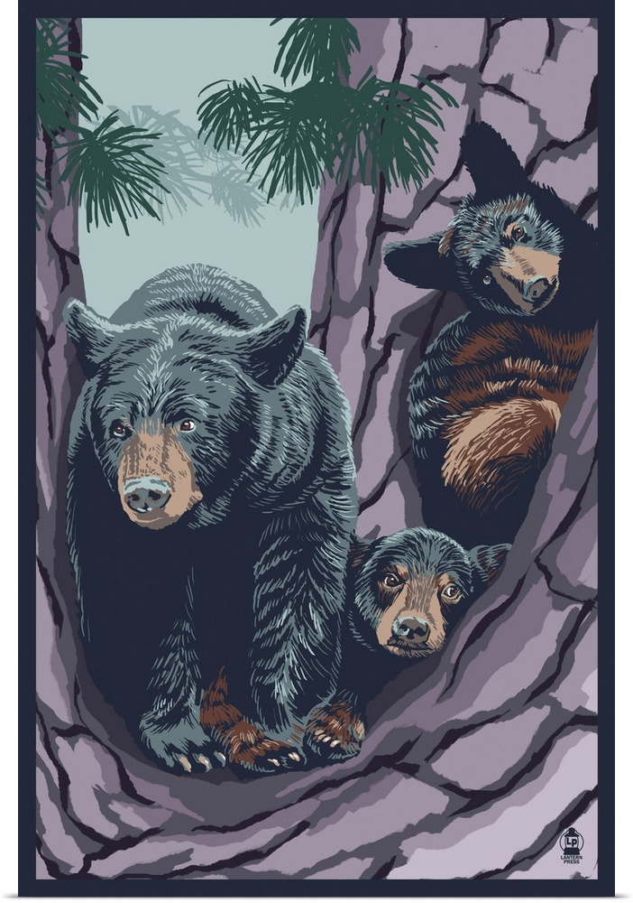 Black Bear & Cubs In Tree