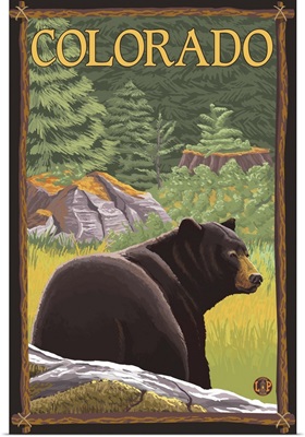 Black Bear in Forest - Colorado: Retro Travel Poster