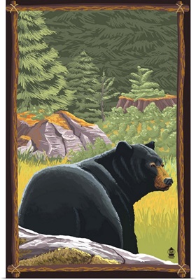 Black Bear in Forest: Retro Travel Poster