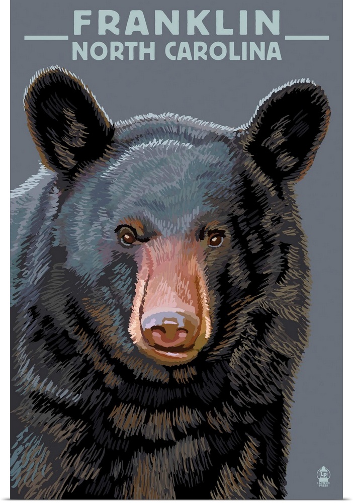 Retro stylized art poster of an adult black bear's head and shoulders.