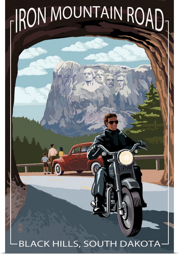 Black Hills, South Dakota - Iron Mountain Road Biker Scene: Retro Travel Poster