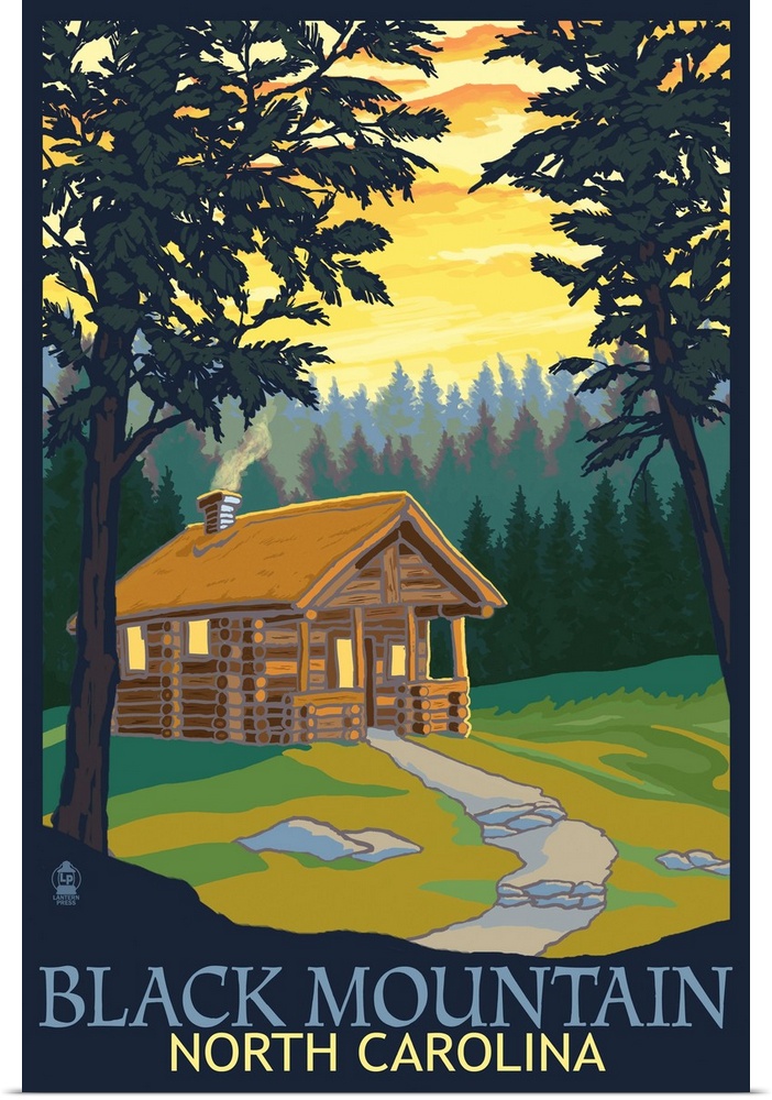 Retro stylized art poster of a cabin with smoke billowing out the chimney, in a forest.