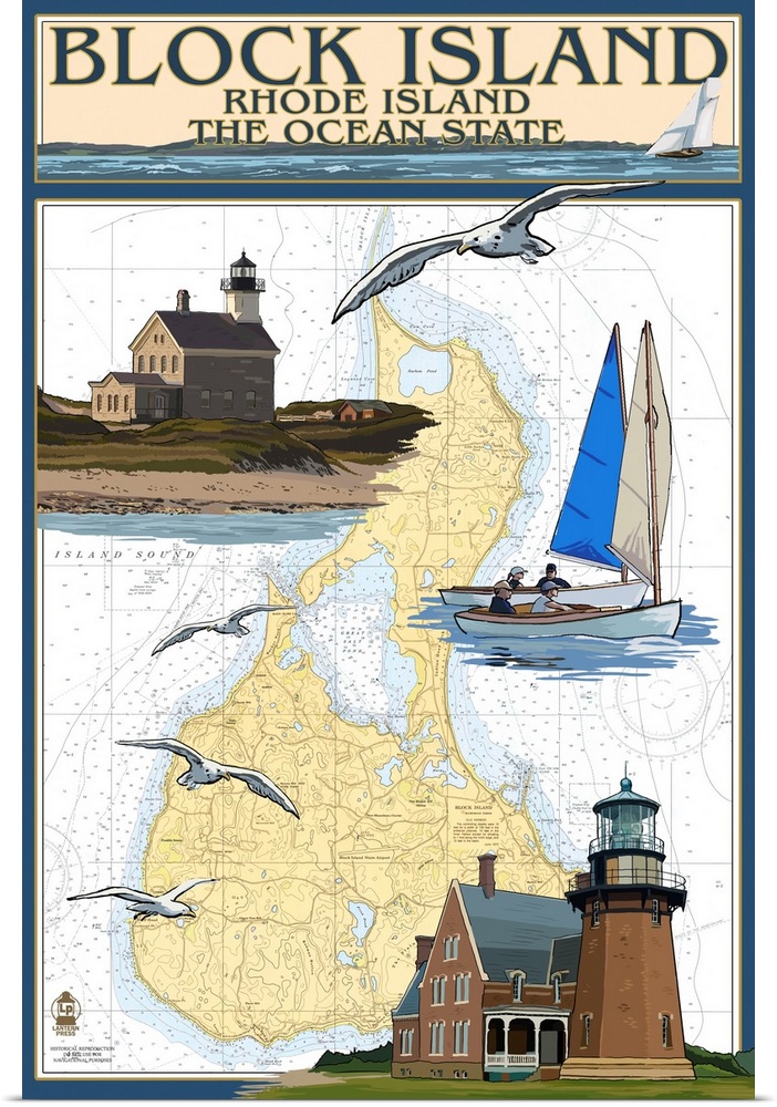Block Island, Rhode Island - Nautical Chart: Retro Travel Poster