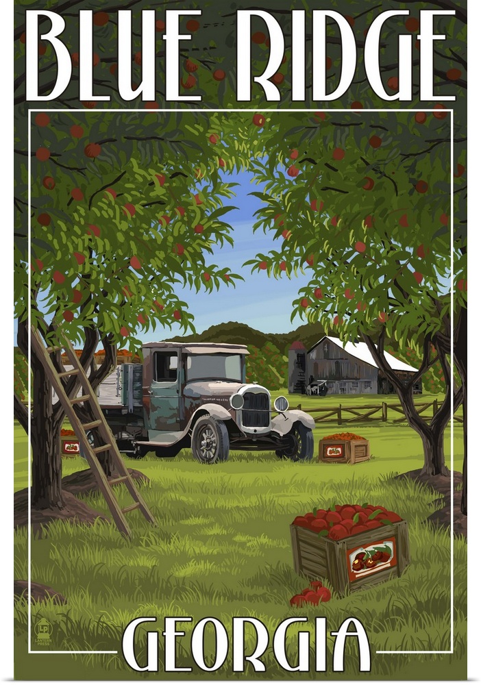 Retro stylized art poster of a vintage truck parked in an apple orchard.
