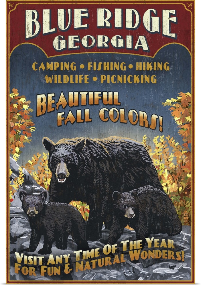 Blue Ridge, Georgia - Black Bear Family Vintage Sign: Retro Travel Poster