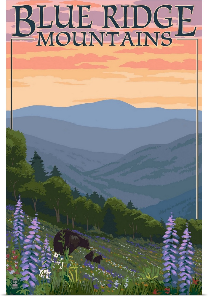 Blue Ridge Mountains - Bear Family and Spring Flowers Retro Travel Poster