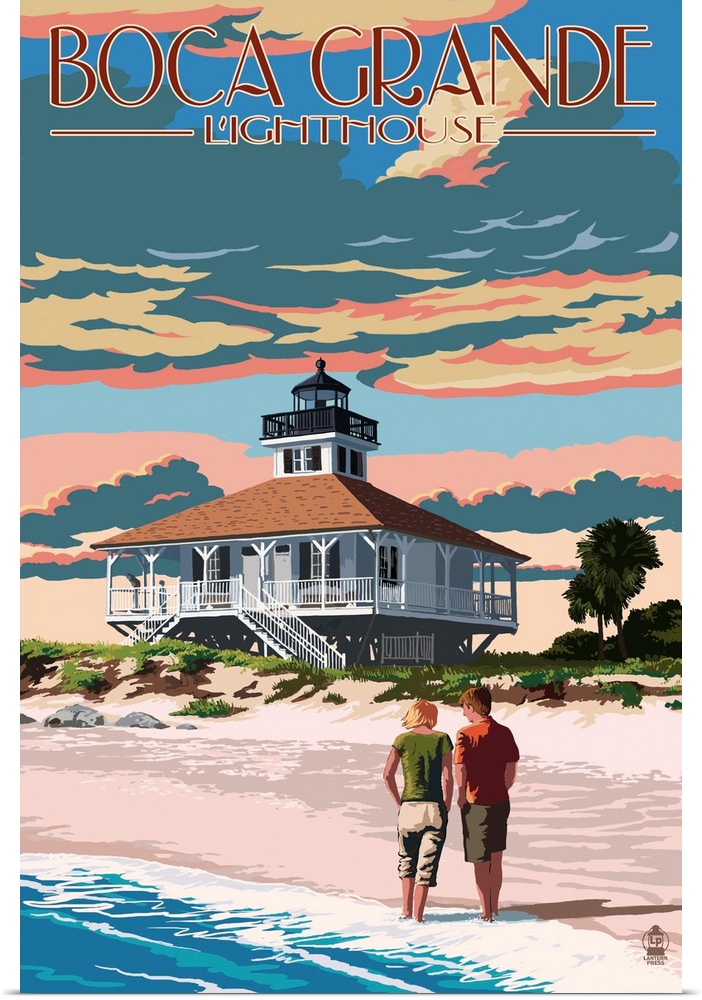 Stylized art poster of a couple walking up the shore of a sandy beach towards a lighthouse.