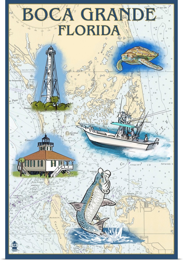 Retro stylized art poster of a two light houses, a fishing boat, sea turtle, and a leaping fish over a map of Florida.