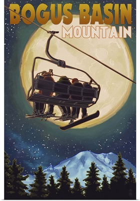 Bogus Basin, Idaho - Ski Lift and Full Moon w/ Snowboarder: Retro Travel Poster